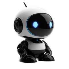A curious little robot with glowing blue eyes exploring a digital world on transparent background