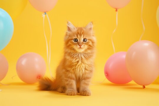 Ginger kitten with pastel balloons on yellow background. Birthday and celebration pet theme.