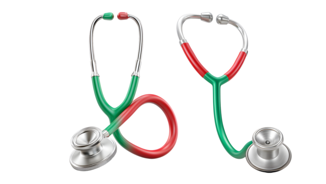 Two stethoscopes, medical diagnostic instruments isolated on transparent background