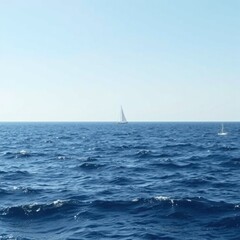Obraz premium Serene Ocean Vista Distant Sailboats on a Calm Blue Sea Under a Pale Sky