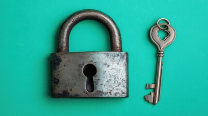 Chrome padlock partially opened with key nearby on a bright emerald background