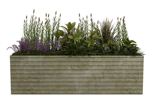 A rectangular planter box, made of light beige stone-like material, contains a lush arrangement of various plants, including flowering purple shrubs, green leafy plants and taller, textured foliage