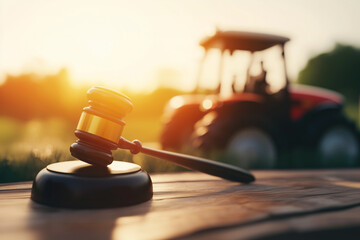 Judge gavel resting on wooden table with tractor and sunset in background representing agricultural law and legal regulations in farming industry