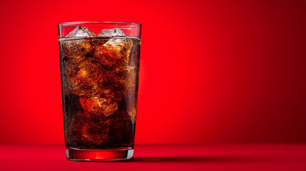 Cold Glass of Cola with Ice Cubes on Red Background