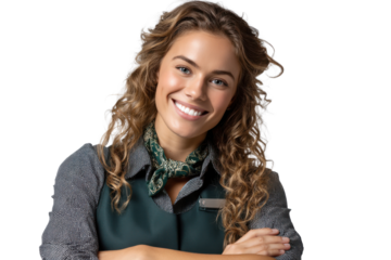 Smiling Cashier Holding Payment Terminal  Isolated on Transparent Background PNG