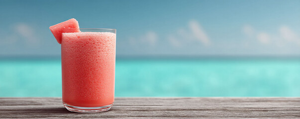 Obraz premium Refreshing watermelon smoothie by a tropical ocean. Perfect for summer vibes, healthy lifestyle, and vacation themes. Food and beverage photography.
