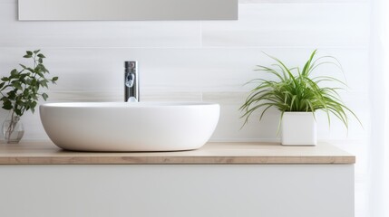 Fototapeta premium A modern bathroom with a white sink and a green plant on a wooden countertop.