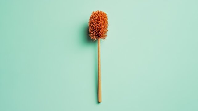 Feather duster with wooden handle centered on a light green background, showcasing its traditional cleaning design