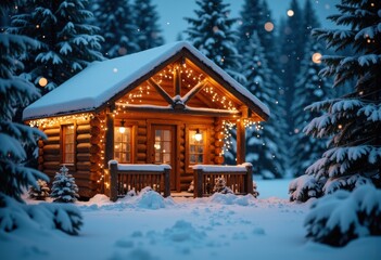Cozy wooden cabin decorated with warm string lights in a snowy winter forest scene