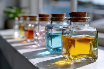 A vibrant display of colorful glass bottles filled with various liquids captures sunlight beautifully indoors, symbolizing creativity and joy in a cheerful home setting.