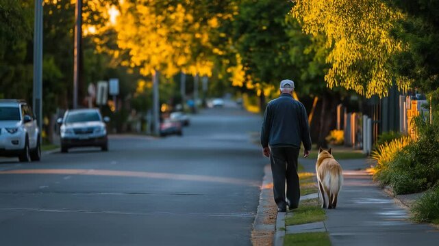 Elderly man walking dog down quiet suburban street