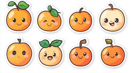 Obraz premium Set of 8 cartoon apricot character stickers with cute faces and different expressions.