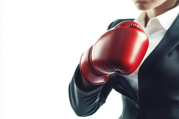 Businesswoman with red boxing glove punching towards the camera on white background, business competition concept