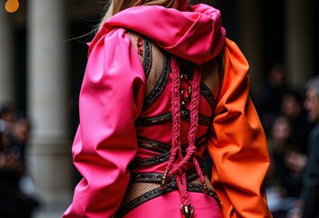 A model wears a vibrant pink and orange hoodie with intricate black detailing on the back