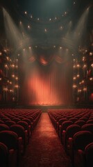Exquisite theater interior with red velvet seats and dramatic stage curtains before a performance