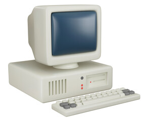 Vintage personal computer with monitor and keyboard isolated vector illustration.