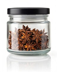 Fragrant Star Anise Spice in a Clear Glass Jar Culinary Herb, Aromatic Flavor, Baking Ingredient