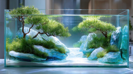 Miniature landscape bonsai tree glass terrarium green foliage rock formation natural decor peaceful scene indoor garden