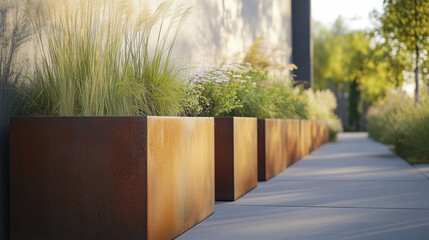 Fototapeta premium Corten steel planter boxes with tall grasses and flowers along a paved path, with trees and greenery in the background.