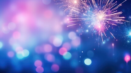 A vibrant fireworks display against a dark blue sky with a pink and purple gradient.