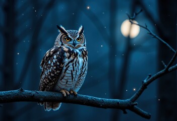 Majestic owl perched on a branch under a moonlit night sky with falling snow