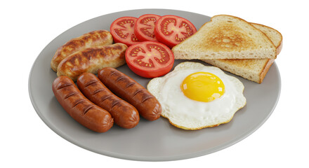 Isolated Breakfast Plate with Sausage, Egg, Toast and Tomatoes