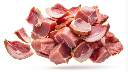 Pile of cubed pork ham with visible fat on a bright white background