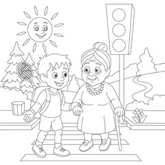 Child helping elderly woman cross the street. Black and white outline drawing for coloring book. Kindness, care, intergenerational support, safety, education concept.