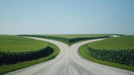 Naklejka premium Rural highway slicing through symmetrical corn plantations on a clear day