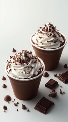 Creamy chocolate dessert topped with whipped cream and chocolate shavings in a stylish setting