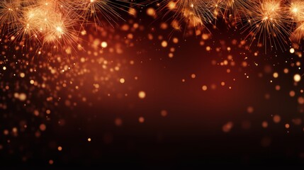 A festive, golden and red fireworks display against a dark, black background, with sparks and particles scattered throughout.