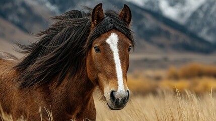 Obraz premium Majestic horse with flowing mane in a stunning mountainous landscape during autumn