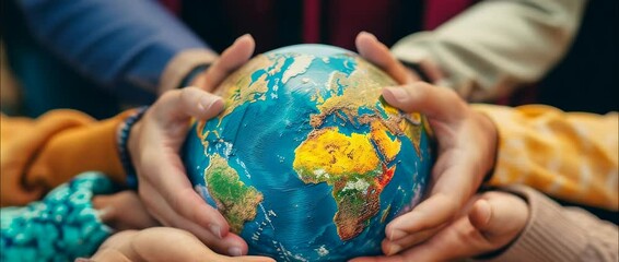 A vibrant globe is held by diverse hands, symbolizing unity and care for the planet. This imagery promotes themes of teamwork, sustainability, and global responsibility.