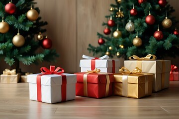 Christmas presents under decorated trees on wood floor