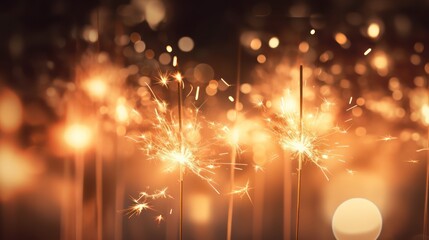 A festive, golden-brown sparkler with a blurred, warm, and festive background.