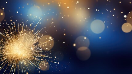 A festive, golden sparkler against a blue and orange bokeh background, with a blurred, golden sparkler in the foreground and a blurred, golden sparkler in the background.