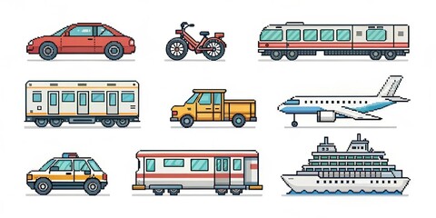Pixel Art Vehicles Set – 8-bit Transport Icons on White Background