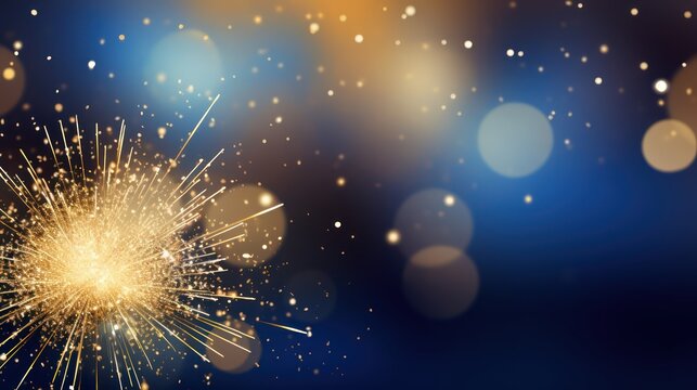 A festive, golden sparkler against a blue and orange bokeh background, with a blurred, golden sparkler in the foreground and a blurred, golden sparkler in the background.