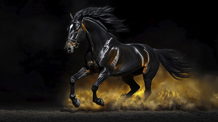 Obraz premium A black horse gallops on a dark, dusty ground, illuminated by golden light.