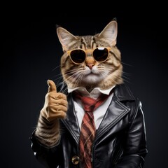 A cat wearing a suit and tie, giving a thumbs-up, with a black background.
