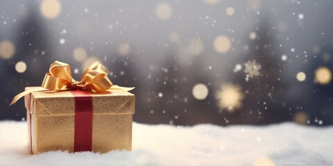 A golden gift box with a red ribbon and a gold bow, placed on a snowy surface with a blurred background of trees and snowflakes.