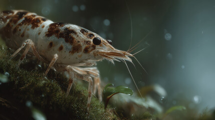 Obraz premium Shrimp crawling on green moss underwater with detailed closeup view showing natural habitat and delicate antennae