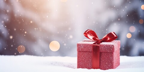 A red gift box with a red ribbon on a snowy background with snowflakes falling.