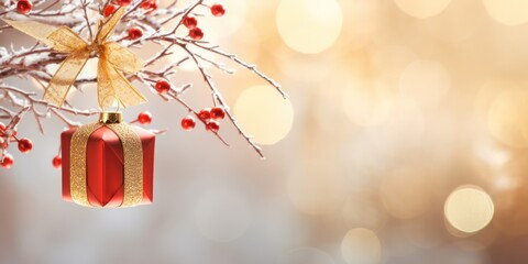 A red and gold Christmas ornament hanging from a snowy branch with red berries, against a blurred background of warm bokeh lights.