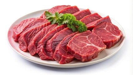 Fresh Slices of Raw Beef Arranged on a White Plate Garnished with Parsley