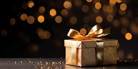 A beautifully wrapped gift box with a golden ribbon and bow, placed on a wooden table with a blurred background of golden lights.