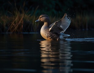Obraz premium Female eurasian wigeon duck taking flight at sunset