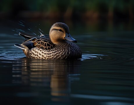 Female mallard duck swimming in dark water