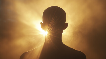 A silhouette of a person with a bright light behind their head, creating a halo effect.