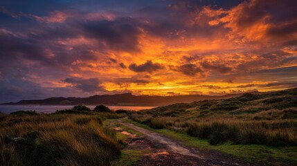 Dramatic sunset over a coastal path.